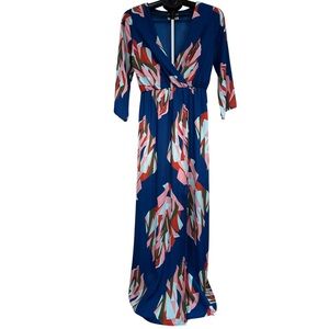 Everly Maxi Dress Abstract Print with 3/4 Sleeves in Blue Multicolor, Size Small